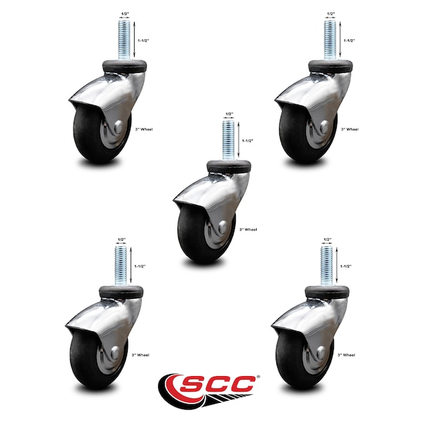 3 Inch Bright Chrome Hooded Neoprene Rubber 1/2 Inch Threaded Stem Casters, 5PK